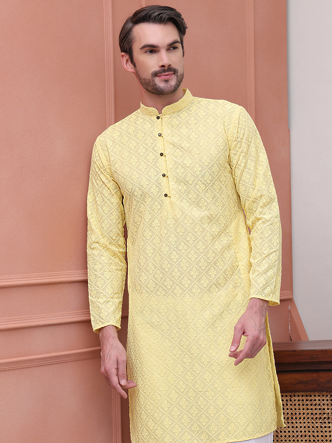 DesiQlo Men Embroidered Kurta Only - Yellow - KO_5099Lemon_S
