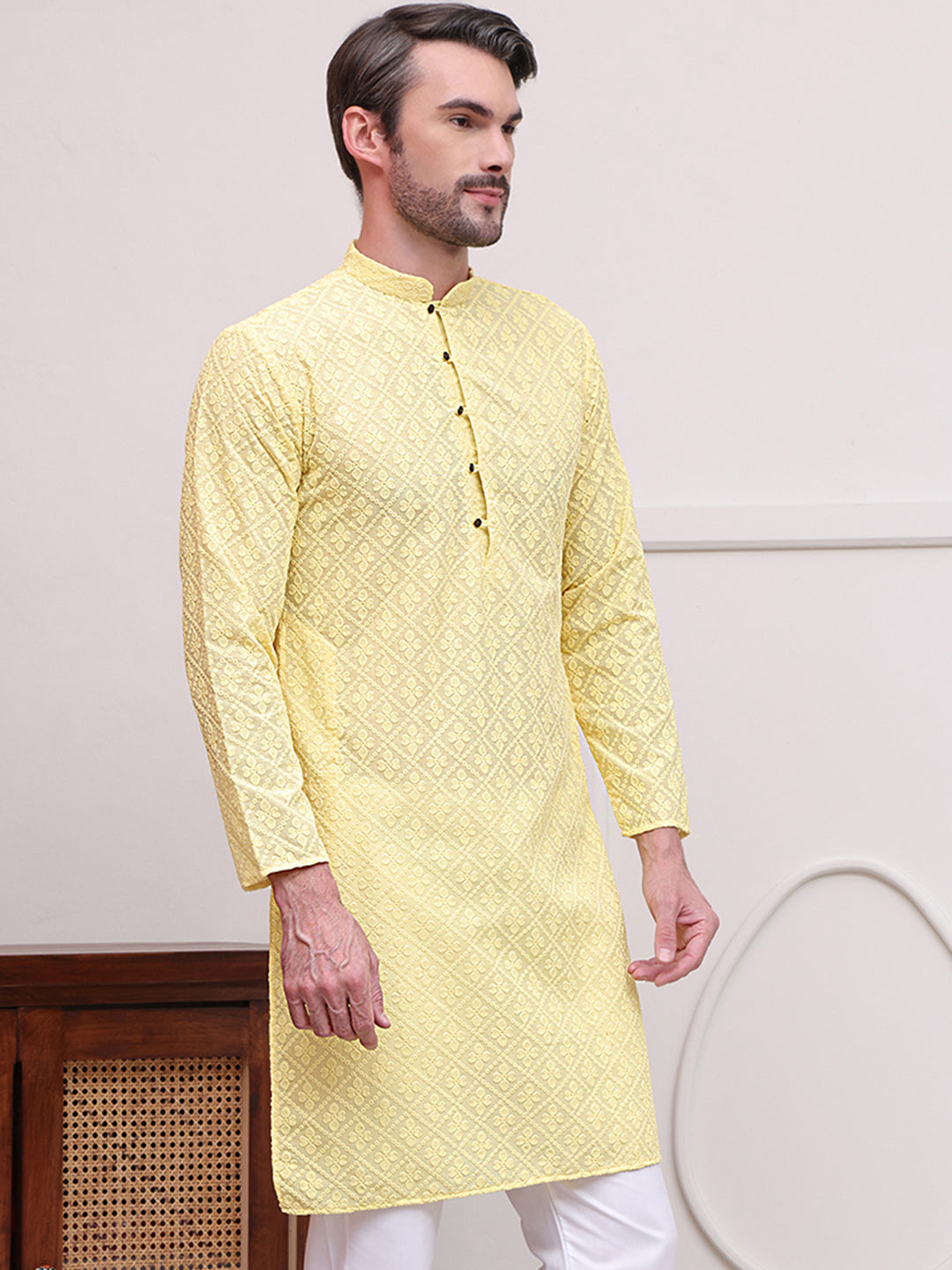 DesiQlo Men Embroidered Kurta Only - Yellow - KO_5099Lemon_S
