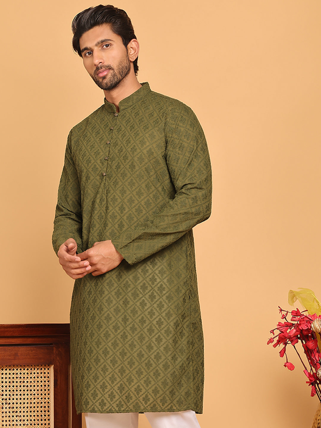 DesiQlo Men Embroidered Kurta Only - Green - KO_5099Olive_S