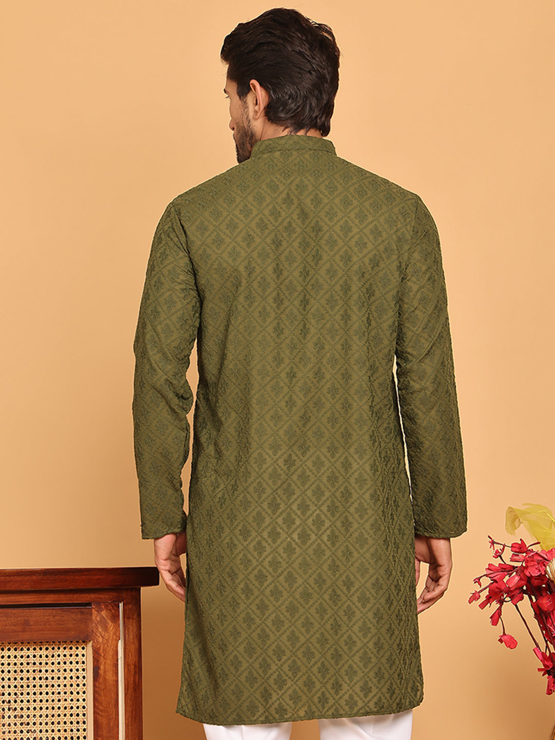 DesiQlo Men Embroidered Kurta Only - Green - KO_5099Olive_S