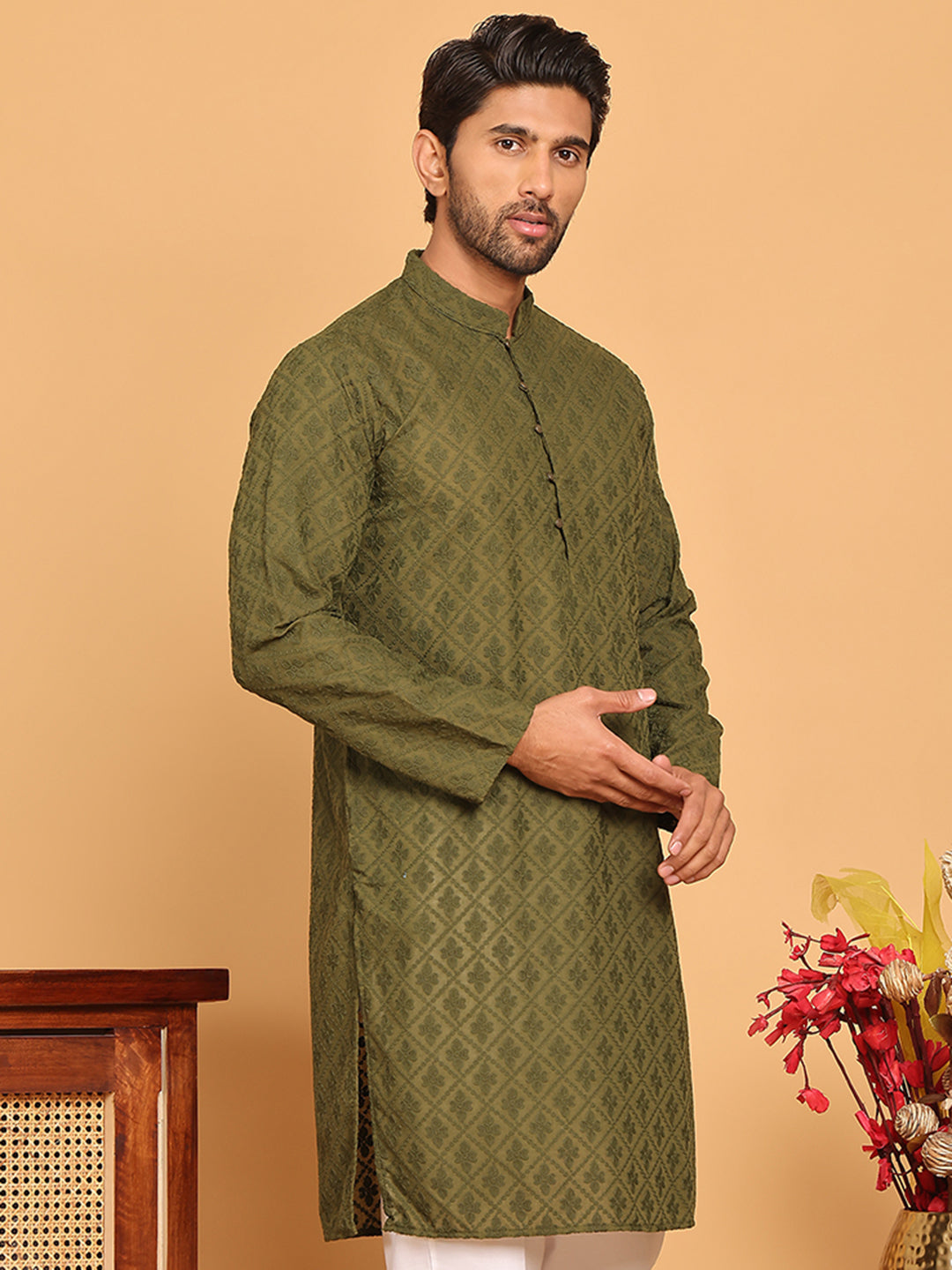 DesiQlo Men Embroidered Kurta Only - Green - KO_5099Olive_S