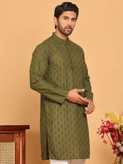 Embroidered Cotton Kurtas for Men (KO 5099 Olive ) [FF] [B-13]