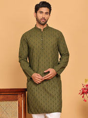 Embroidered Cotton Kurtas for Men (KO 5099 Olive ) [FF] [B-13]