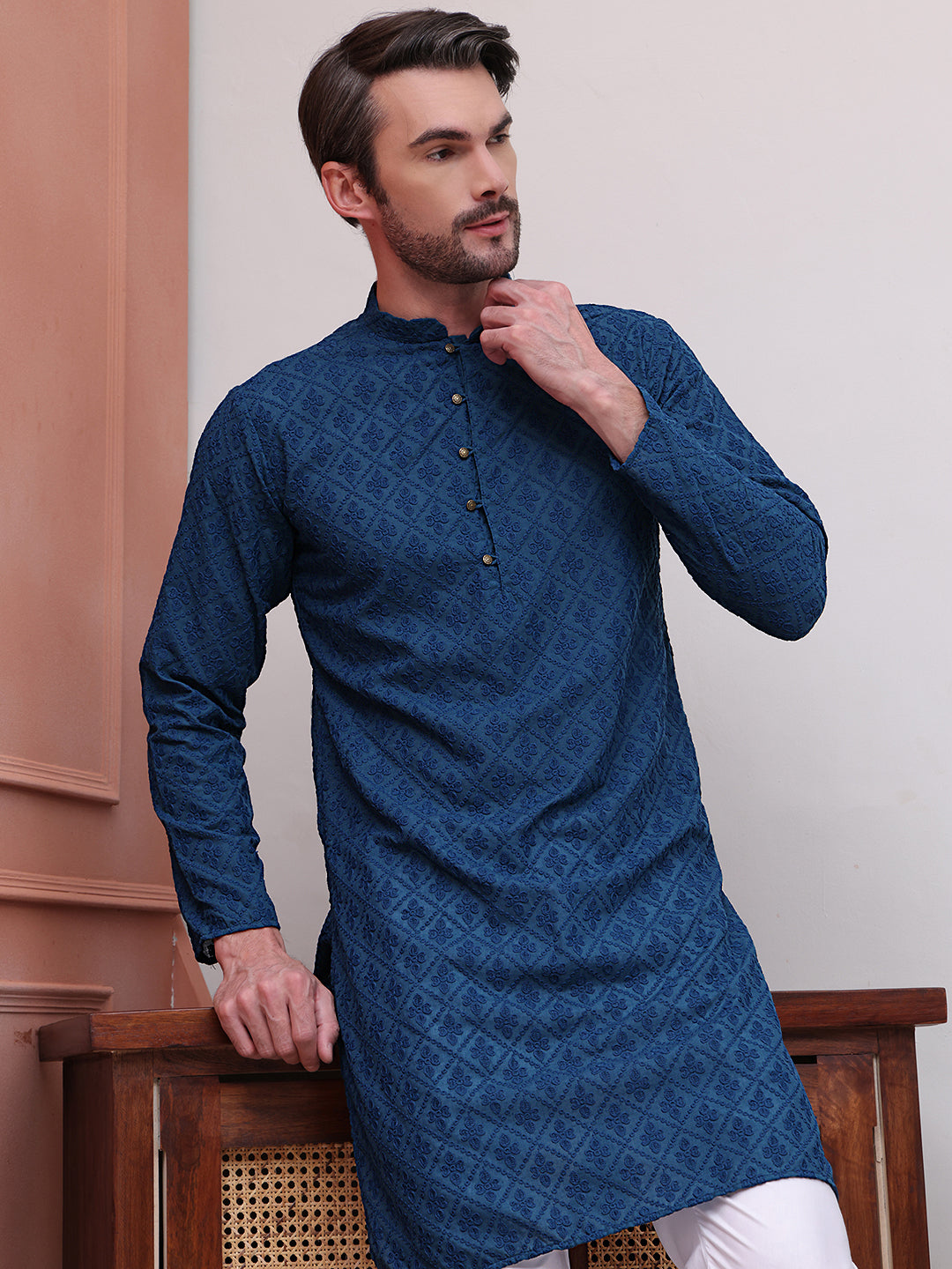DesiQlo Men Embroidered Kurta Only - Green - KO_5099Teal_S