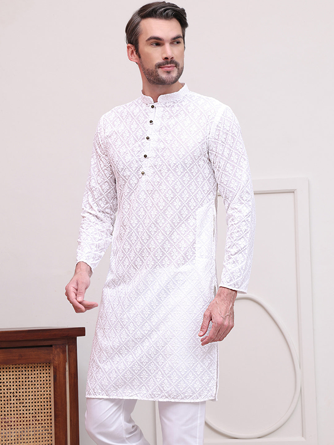 DesiQlo Men Embroidered Kurta Only - White - KO_5099White_S