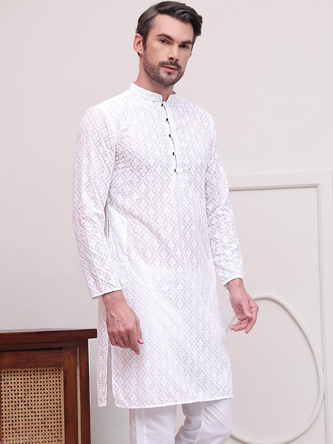 DesiQlo Men Embroidered Kurta Only - White - KO_5099White_S