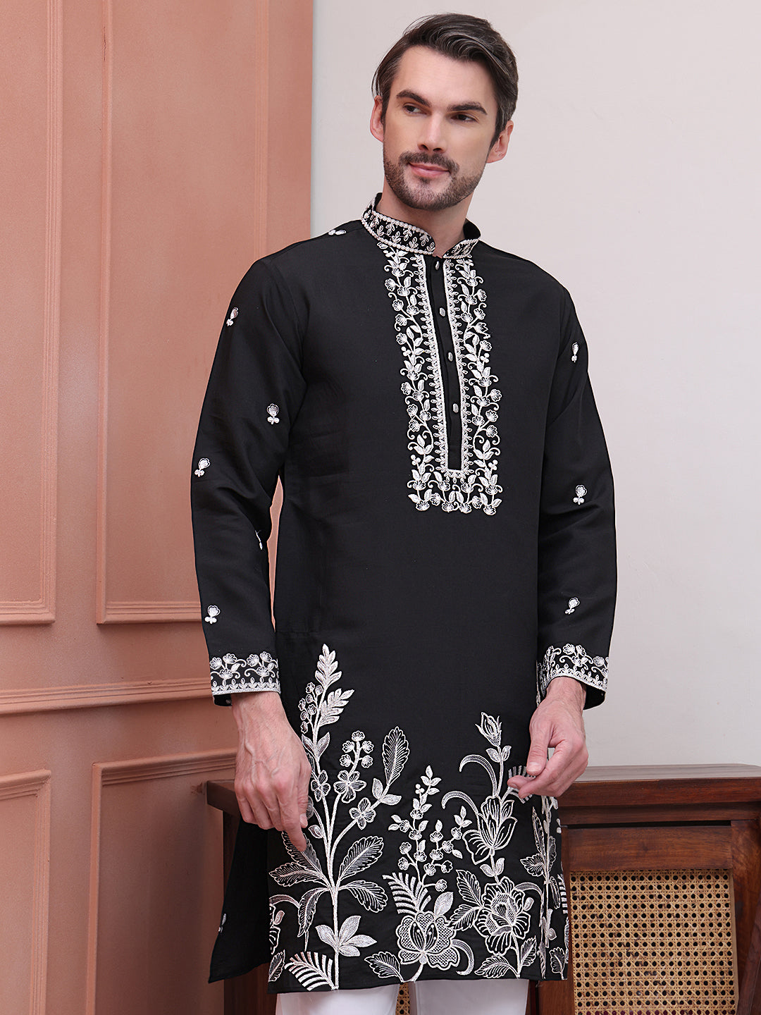 DesiQlo Men Embroidered Kurta Only - Black - KO_5100Black_S
