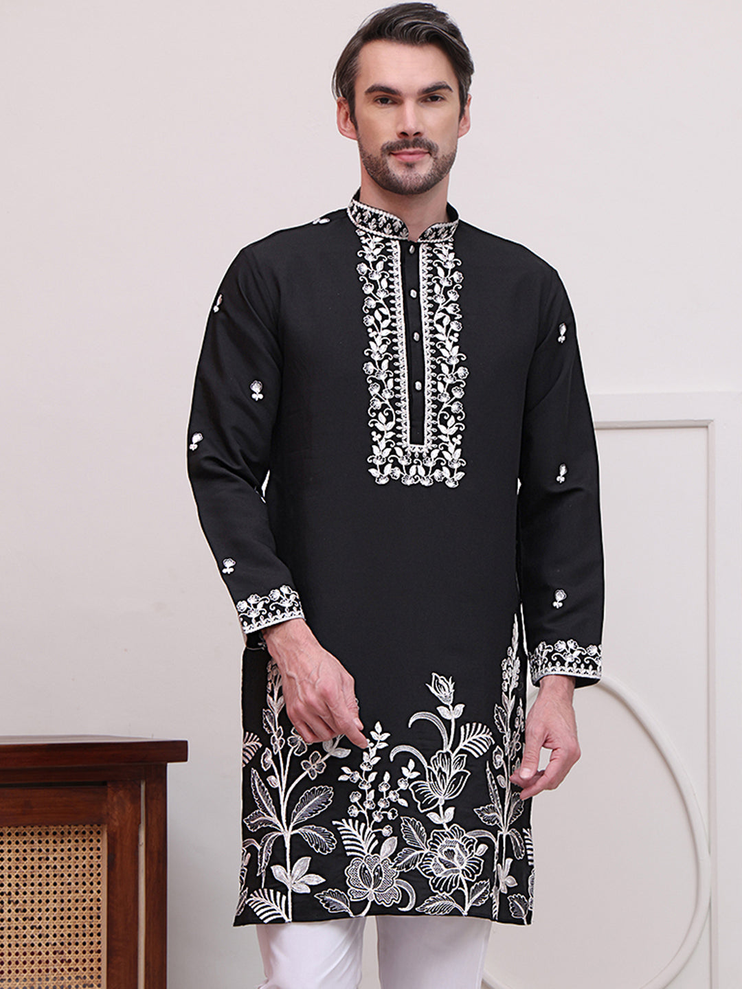 DesiQlo Men Embroidered Kurta Only - Black - KO_5100Black_S