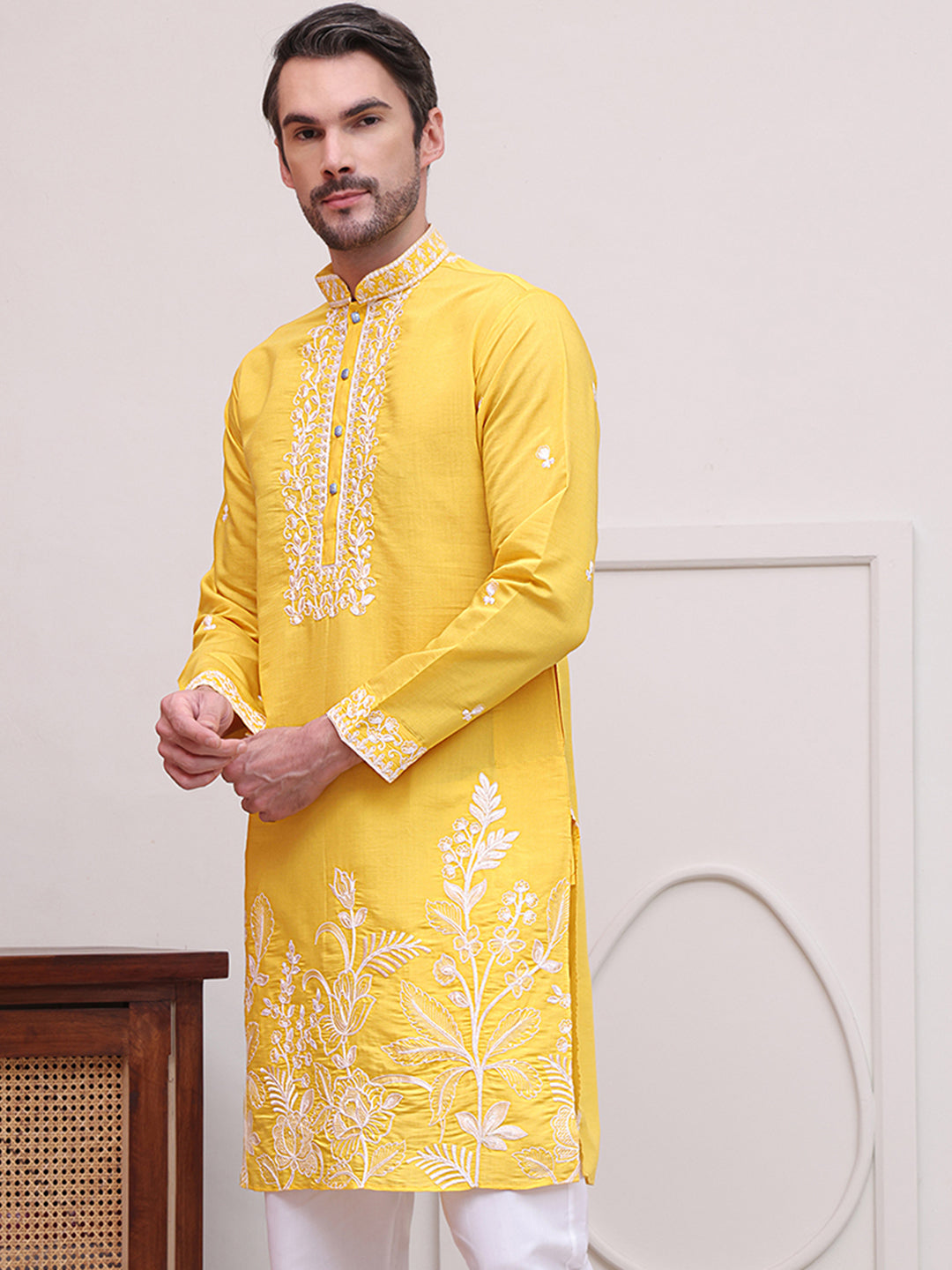 DesiQlo Men Embroidered Kurta Only - Yellow - KO_5100Yellow_S