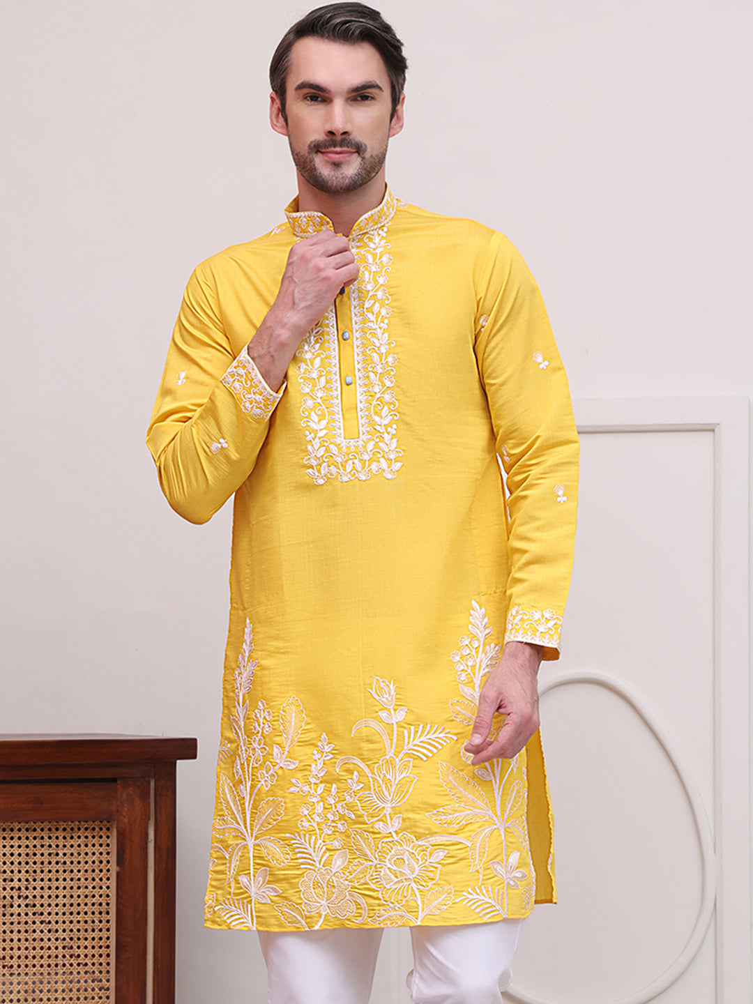 DesiQlo Men Embroidered Kurta Only - Yellow - KO_5100Yellow_S