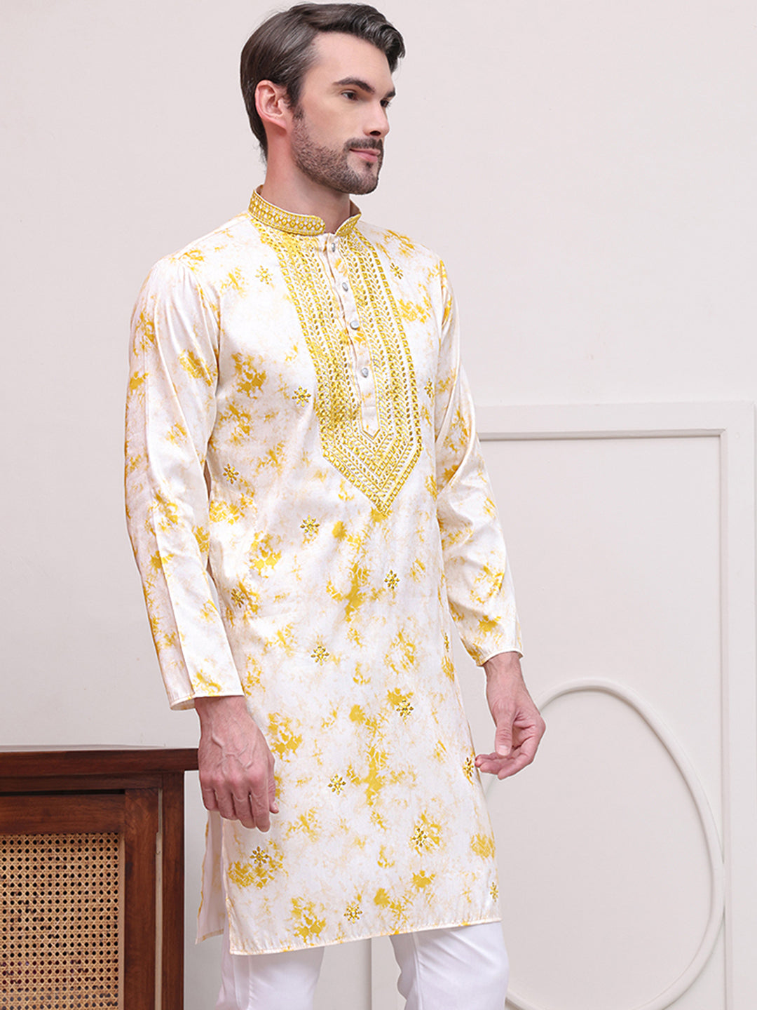 DesiQlo Men Embroidered Kurta Only - Yellow - KO_5102Yellow_S