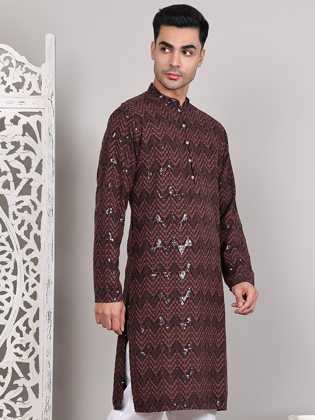 DesiQlo Men Embroidered Kurta Only - Multicolor - KO_5107Coffee_S