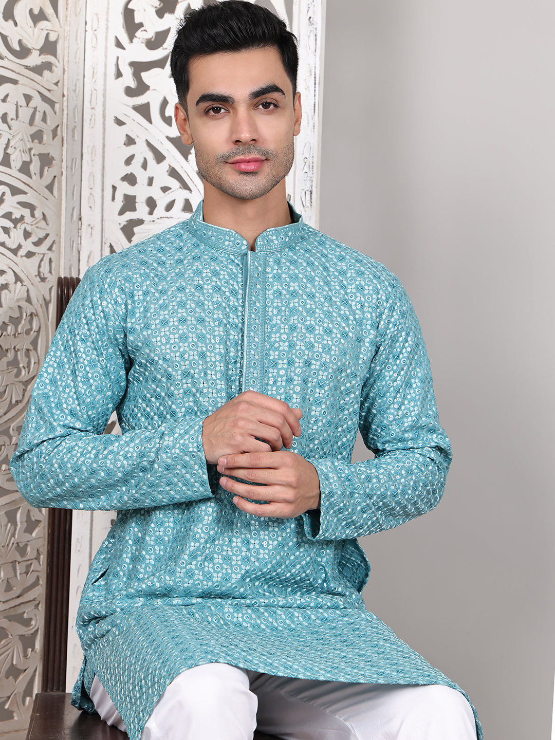 DesiQlo Men Embroidered Kurta Only - Blue - KO_5108Blue_S