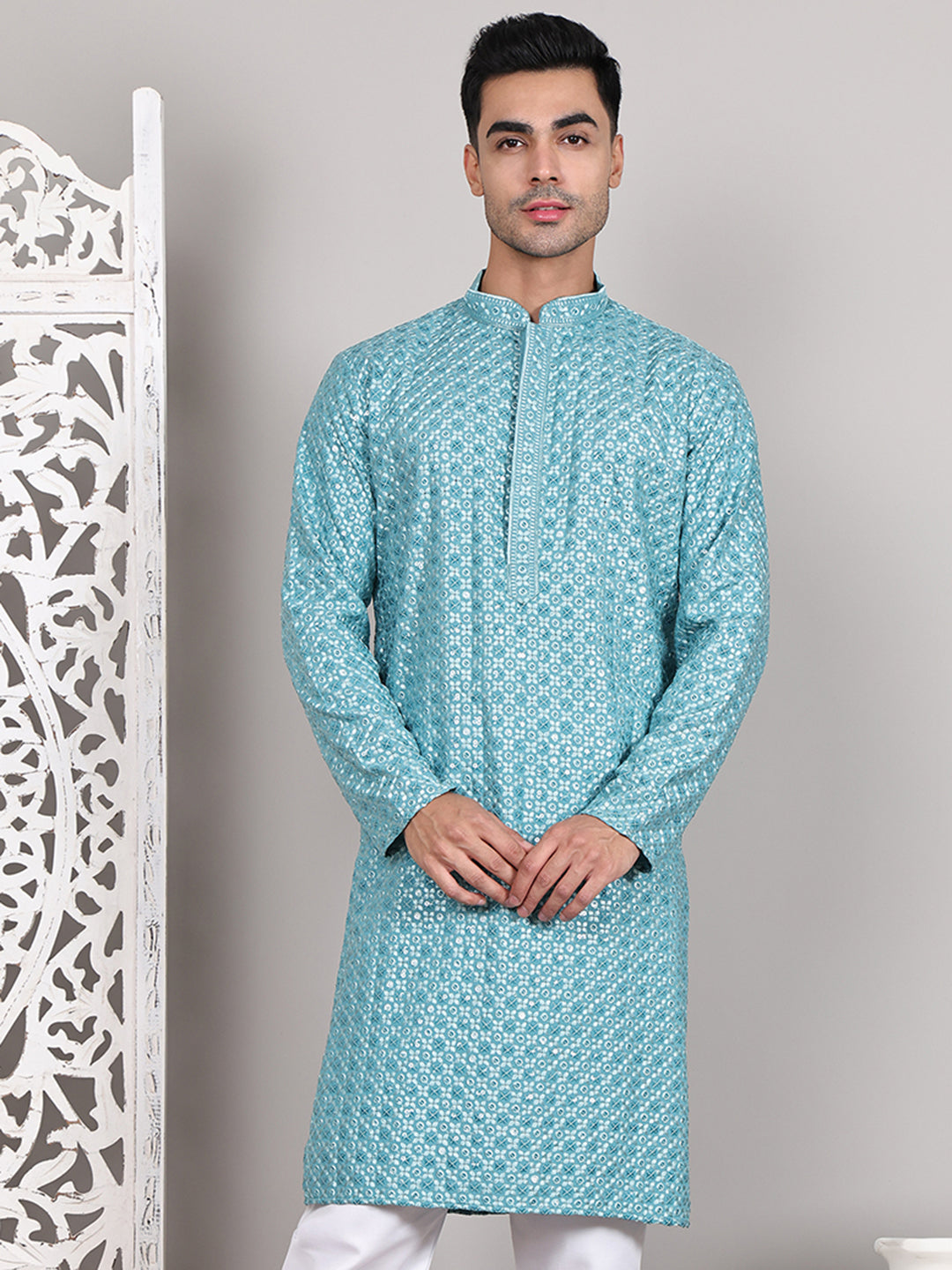 DesiQlo Men Embroidered Kurta Only - Blue - KO_5108Blue_S
