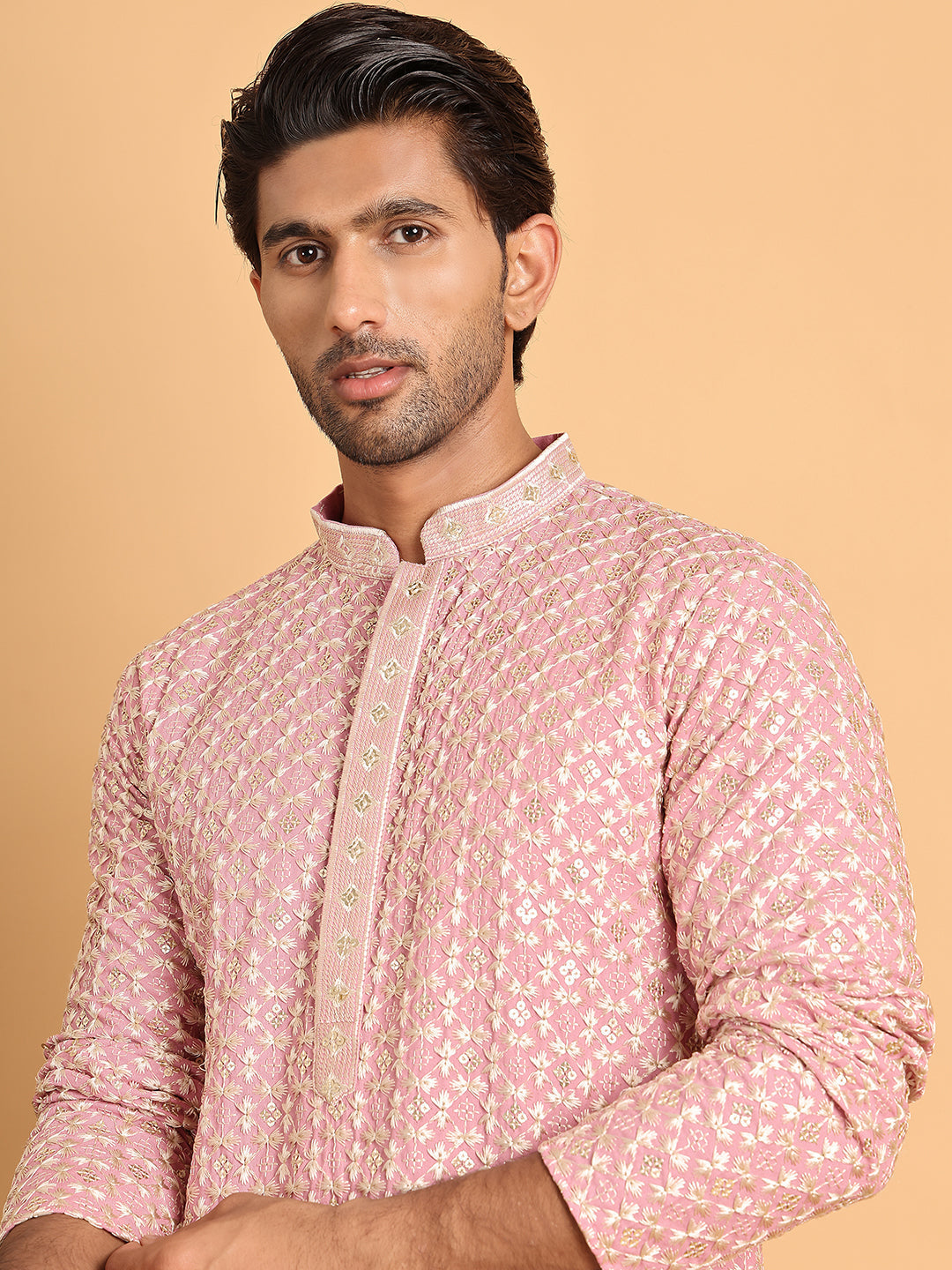 DesiQlo Men Embroidered Kurta Only - Pink - KO_5110Pink_S