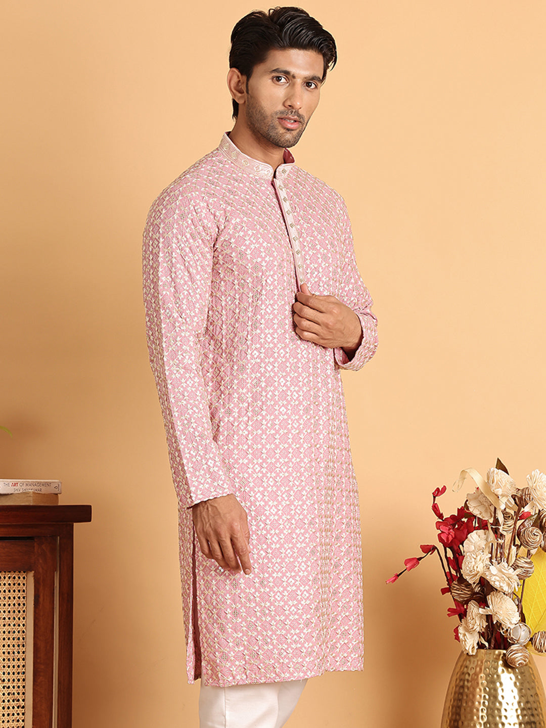 DesiQlo Men Embroidered Kurta Only - Pink - KO_5110Pink_S