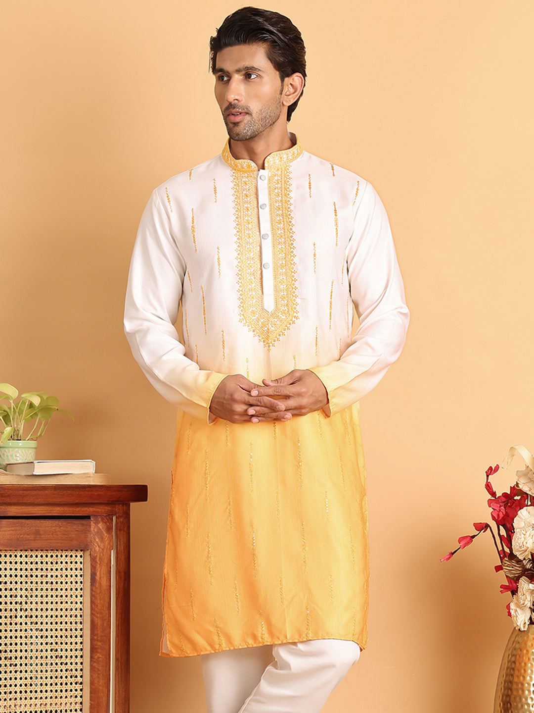 DesiQlo Men Embroidered Kurta Only - Yellow - KO_5111Yellow_S