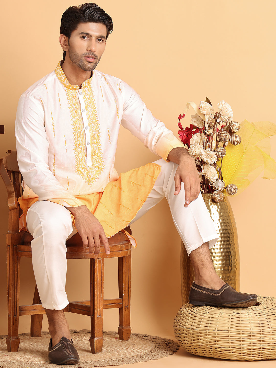 DesiQlo Men Embroidered Kurta Only - Yellow - KO_5111Yellow_S