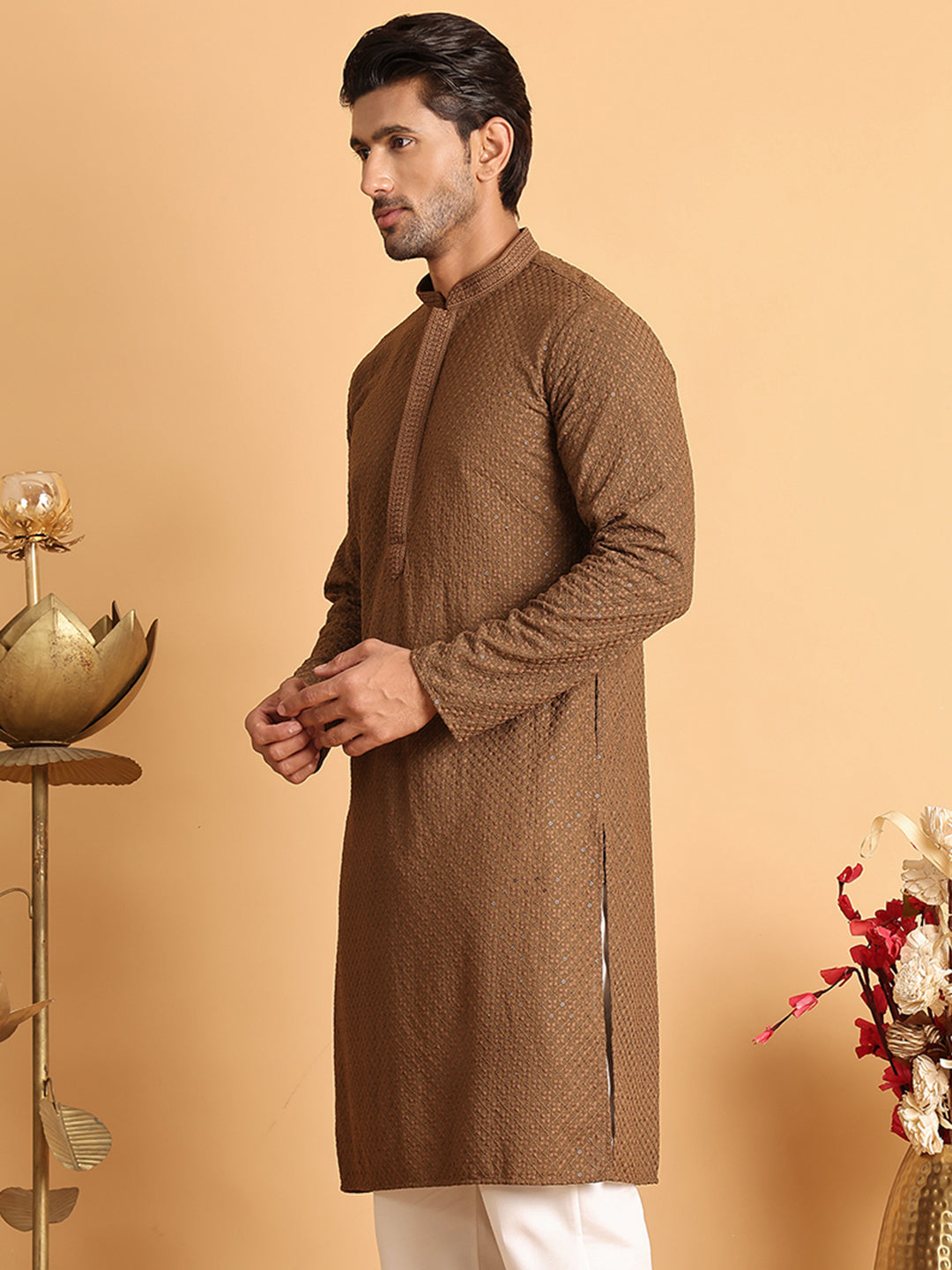 DesiQlo Men Embroidered Kurta Only - Brown - KO_5113Brown_S
