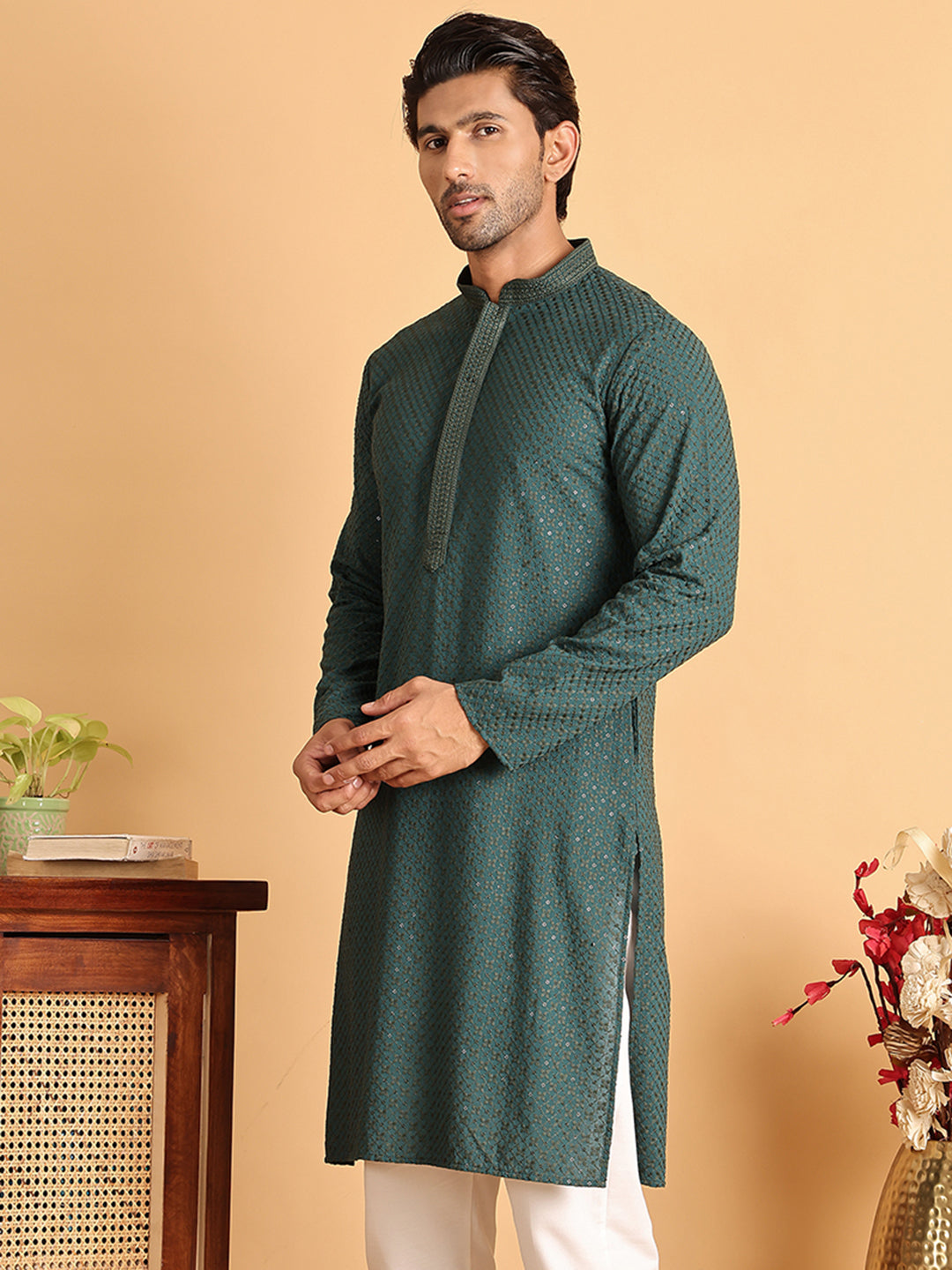 DesiQlo Men Embroidered Kurta Only - Multicolor - KO_5113Sea-Green_S