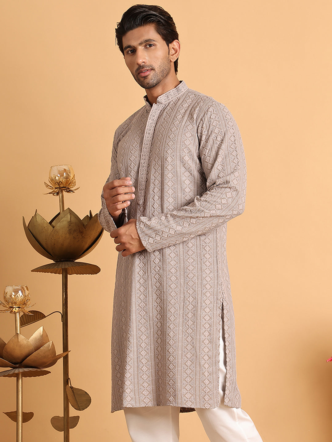 DesiQlo Men Embroidered Kurta Only - Beige - KO_5116Beige_S