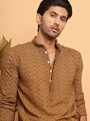 Embroidered & Sequins Straight Kurtas For Men ( KO 5116Brown )