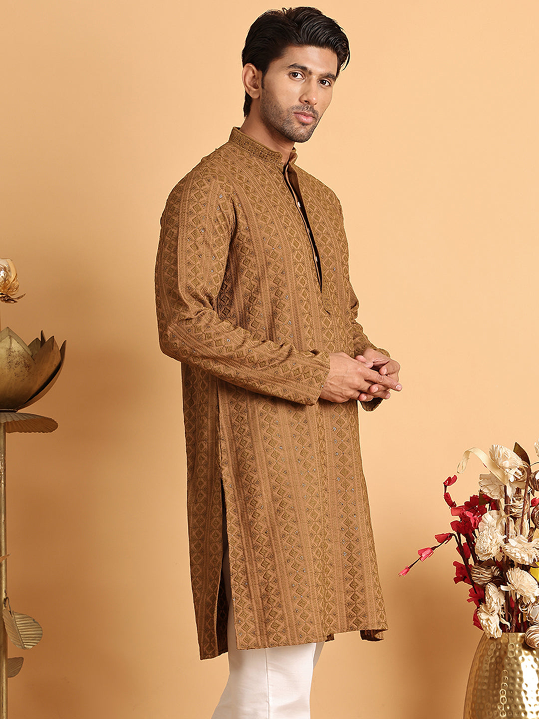 DesiQlo Men Embroidered Kurta Only - Brown - KO_5116Brown_S
