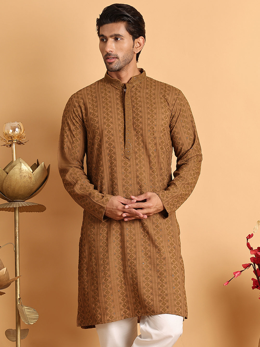 DesiQlo Men Embroidered Kurta Only - Brown - KO_5116Brown_S
