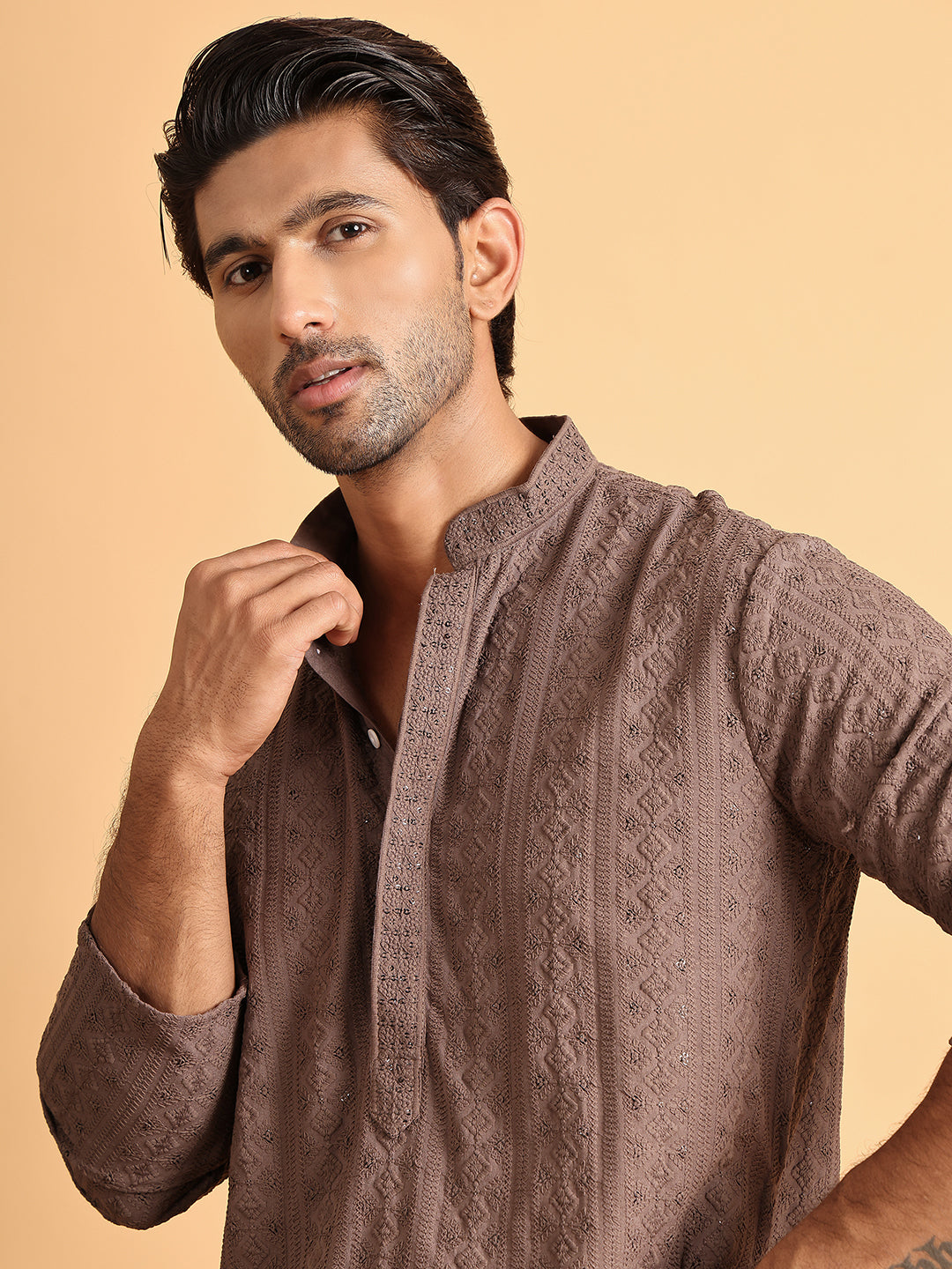DesiQlo Men Embroidered Kurta Only - Multicolor - KO_5116Coffee_S