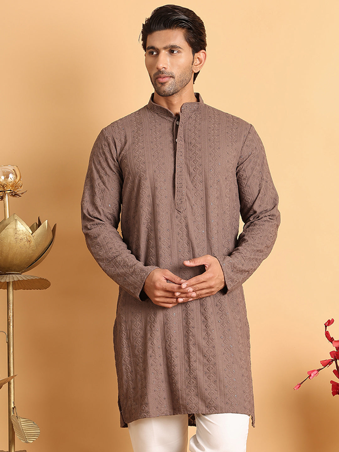 DesiQlo Men Embroidered Kurta Only - Multicolor - KO_5116Coffee_S