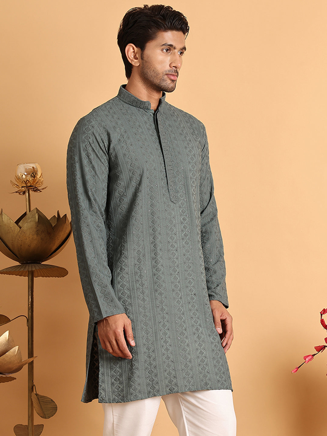 DesiQlo Men Embroidered Kurta Only - Grey - KO_5116Grey_S