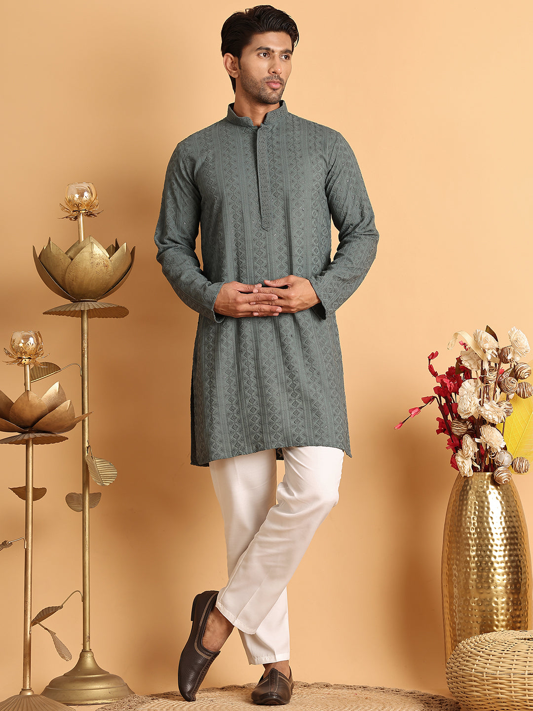 DesiQlo Men Embroidered Kurta Only - Grey - KO_5116Grey_S
