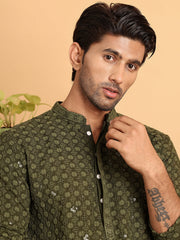 Embroidered & Sequins Straight Kurtas For Men ( KO 5117Olive ) [FF] [O-19]