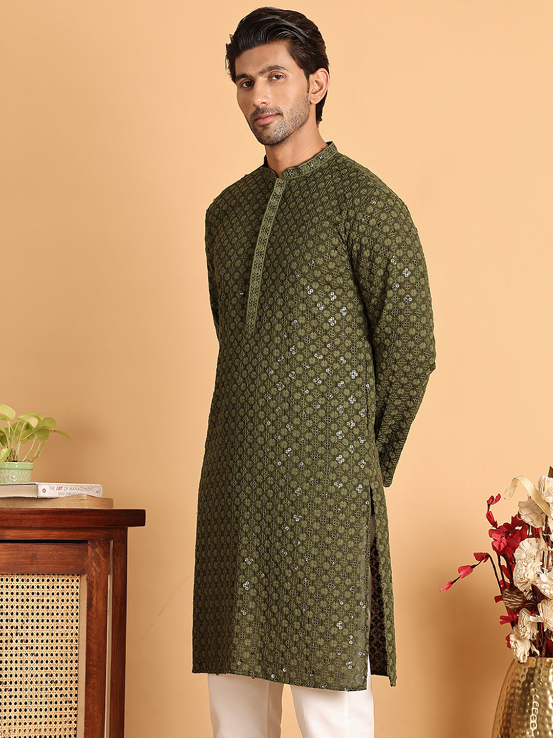 DesiQlo Men Embroidered Kurta Only - Green - KO_5117Olive_S