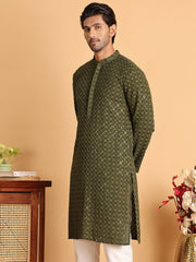 Embroidered & Sequins Straight Kurtas For Men ( KO 5117Olive ) [FF] [O-19]