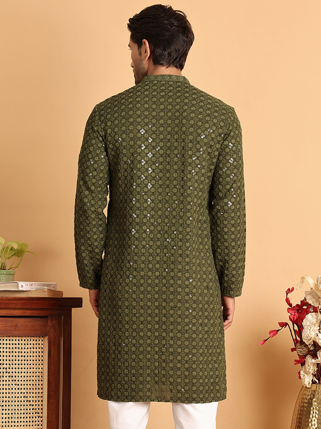 DesiQlo Men Embroidered Kurta Only - Green - KO_5117Olive_S