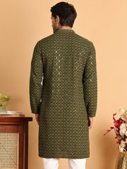 Embroidered & Sequins Straight Kurtas For Men ( KO 5117Olive ) [FF] [O-19]