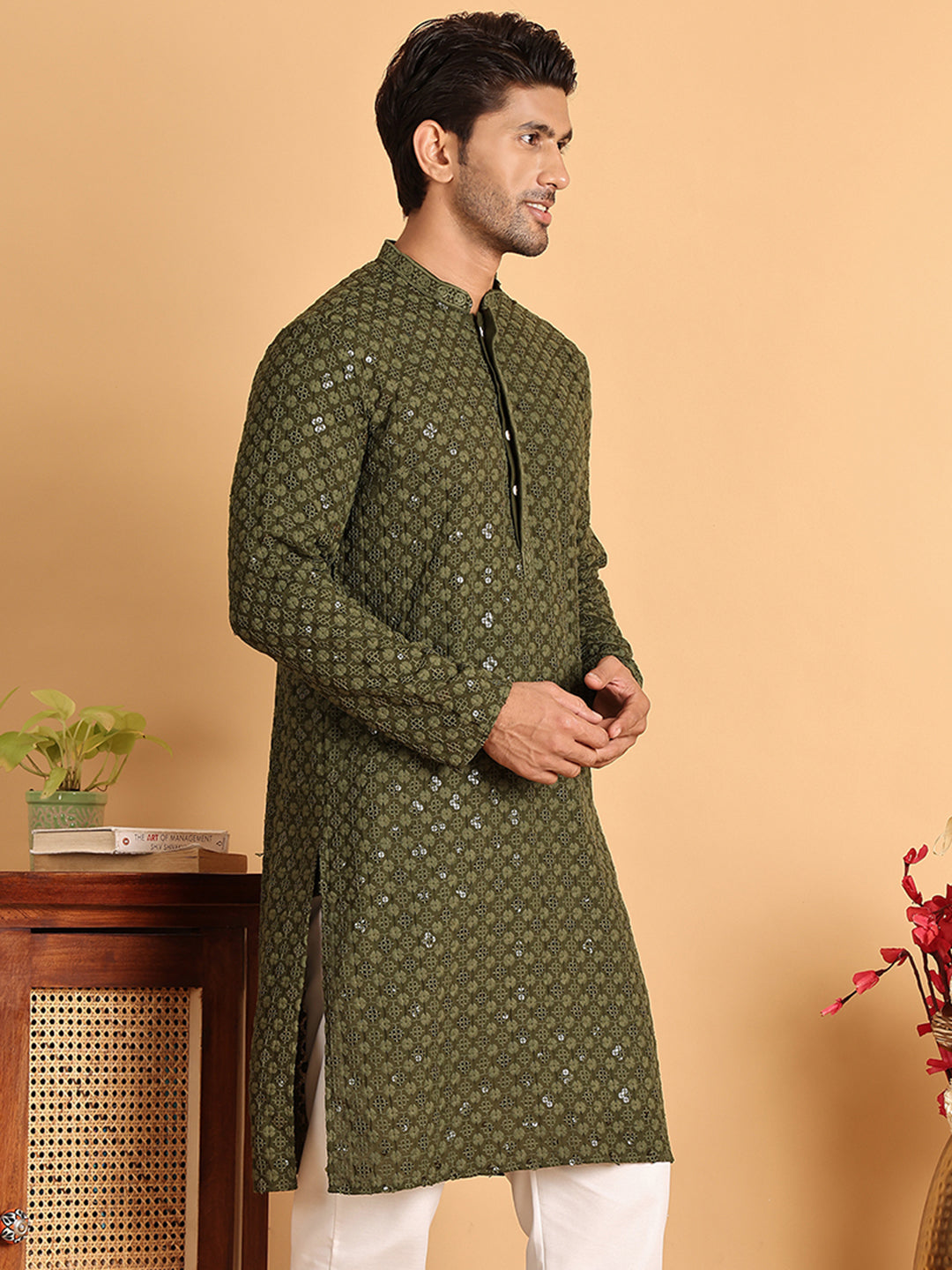 DesiQlo Men Embroidered Kurta Only - Green - KO_5117Olive_S