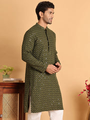 Embroidered & Sequins Straight Kurtas For Men ( KO 5117Olive ) [FF] [O-19]