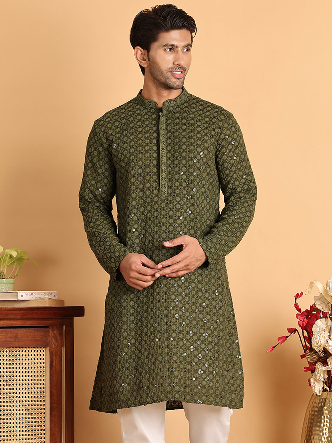 DesiQlo Men Embroidered Kurta Only - Green - KO_5117Olive_S