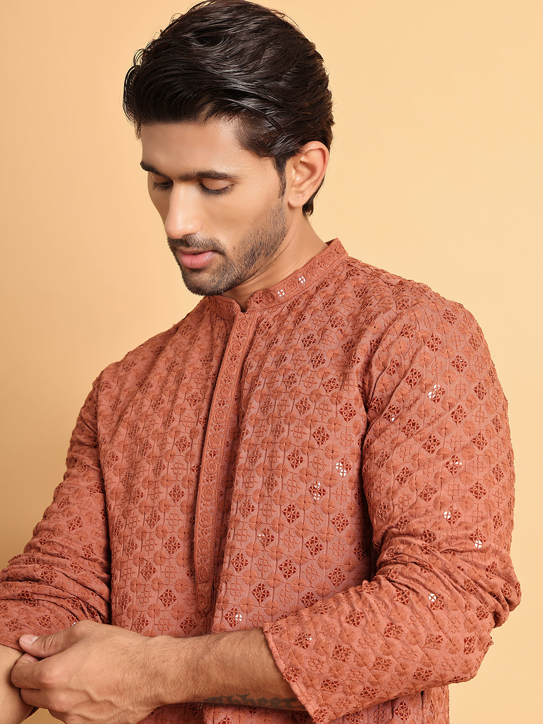DesiQlo Men Embroidered Kurta Only - Red - KO_5117Rust_S