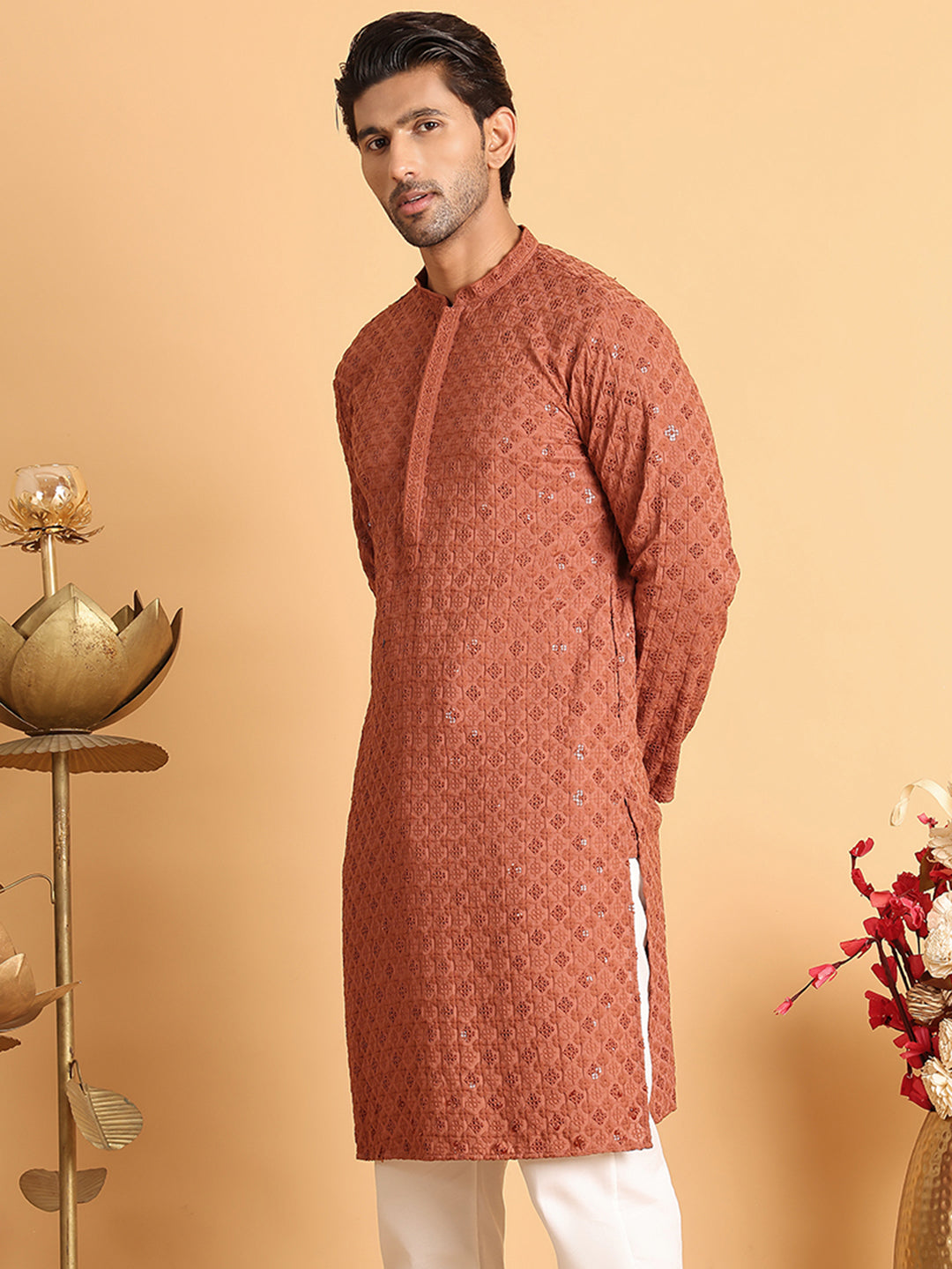 DesiQlo Men Embroidered Kurta Only - Red - KO_5117Rust_S