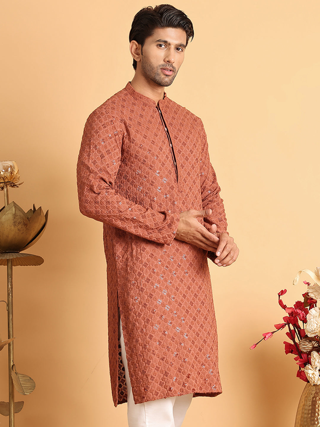DesiQlo Men Embroidered Kurta Only - Red - KO_5117Rust_S