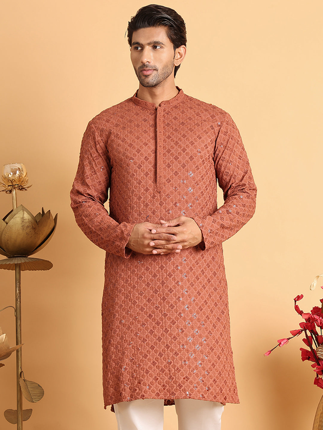 DesiQlo Men Embroidered Kurta Only - Red - KO_5117Rust_S