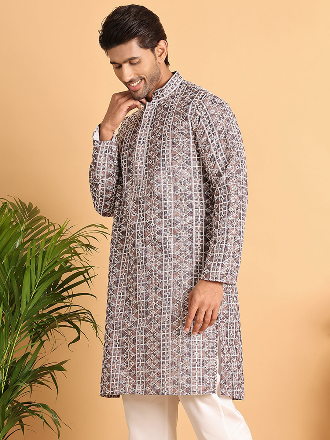 DesiQlo Men Embroidered Kurta Only - Multicolor - KO_5124Coffee_S