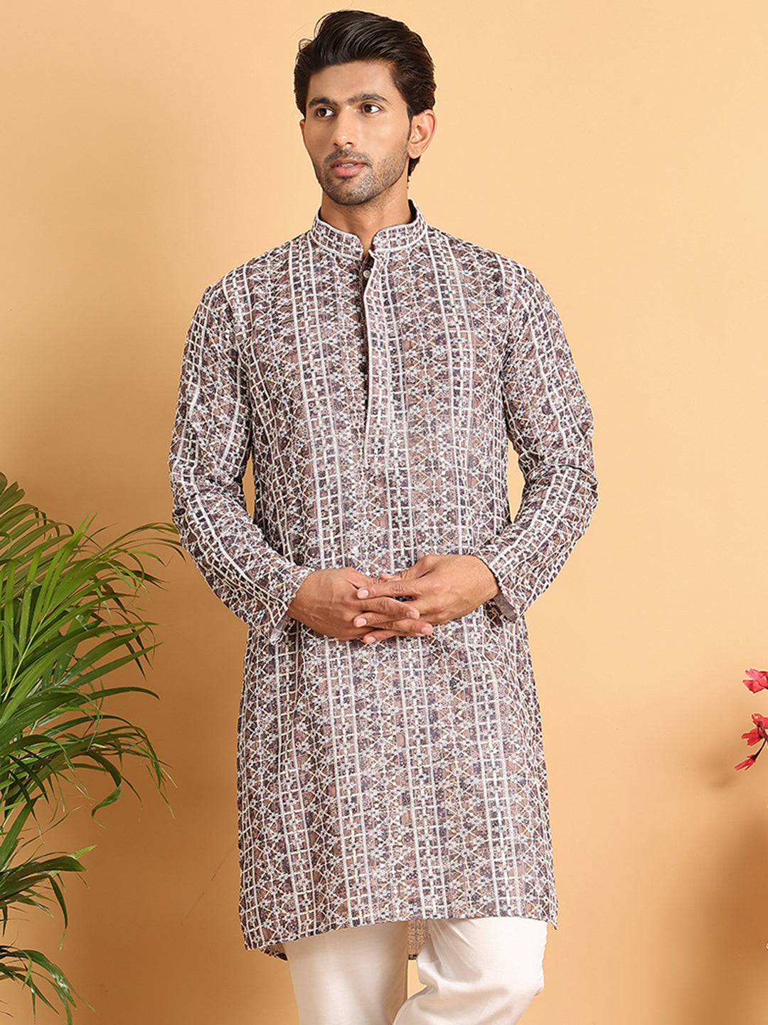 DesiQlo Men Embroidered Kurta Only - Multicolor - KO_5124Coffee_S