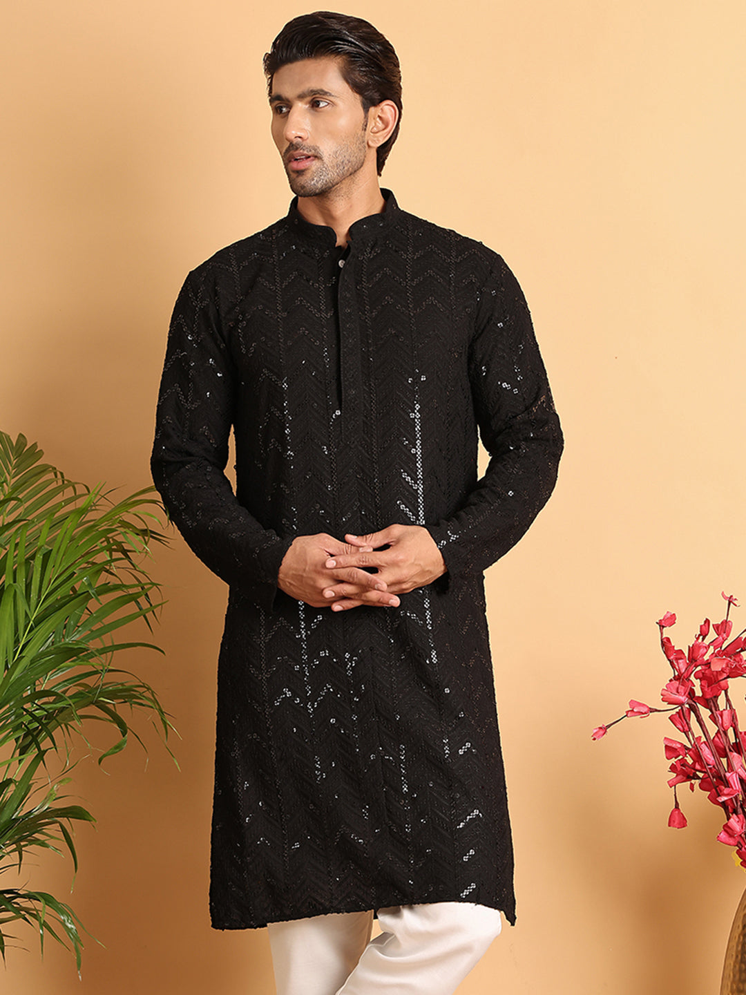DesiQlo Men Embroidered Kurta Only - Black - KO_5125Black_S