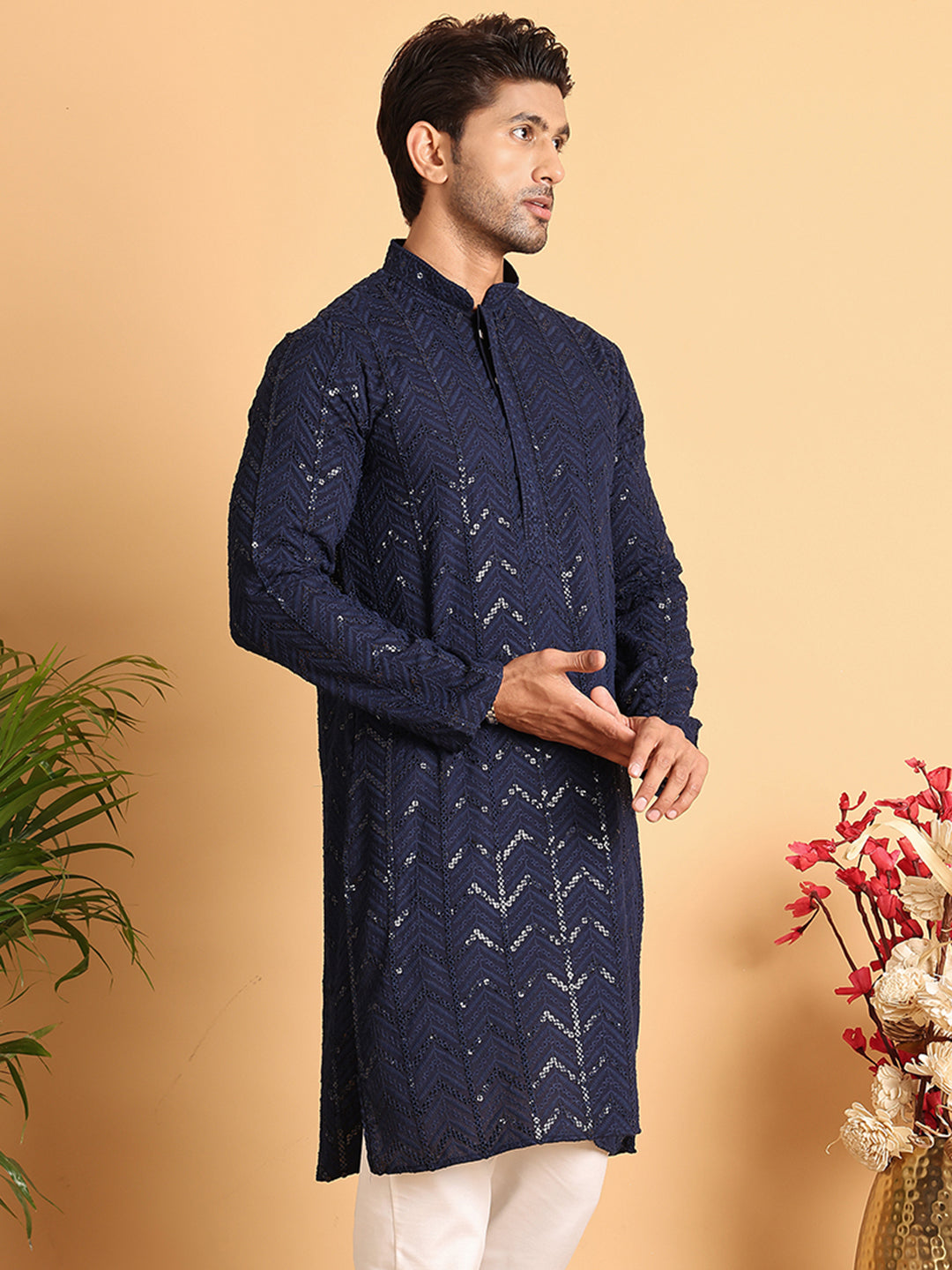 DesiQlo Men Embroidered Kurta Only - Blue - KO_5125Navy_S