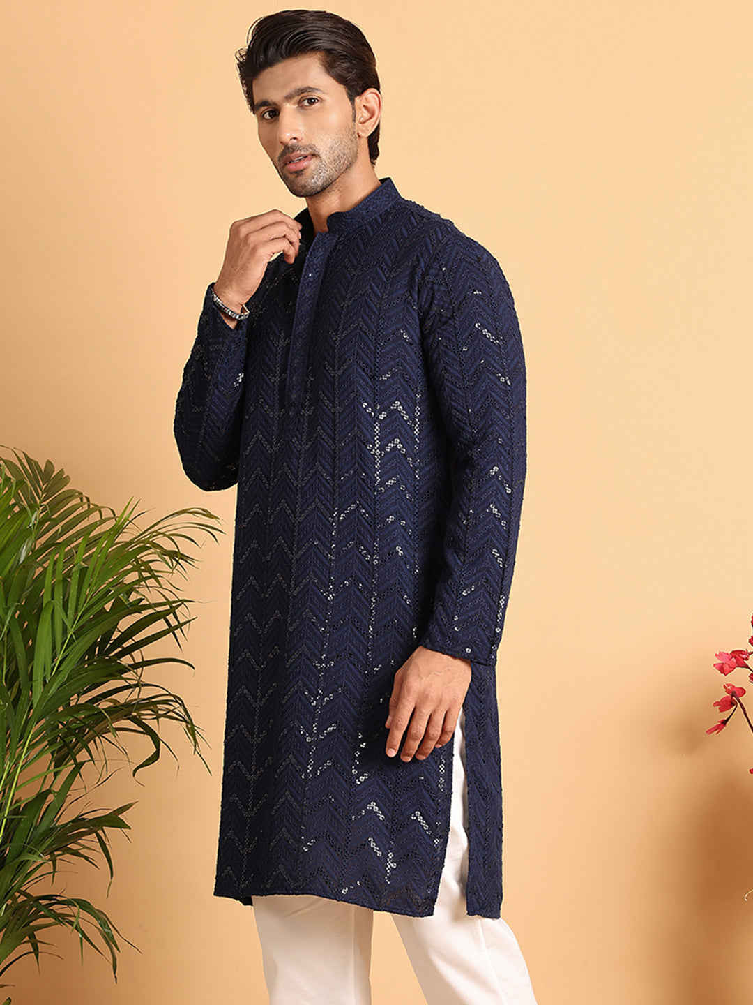 DesiQlo Men Embroidered Kurta Only - Blue - KO_5125Navy_S