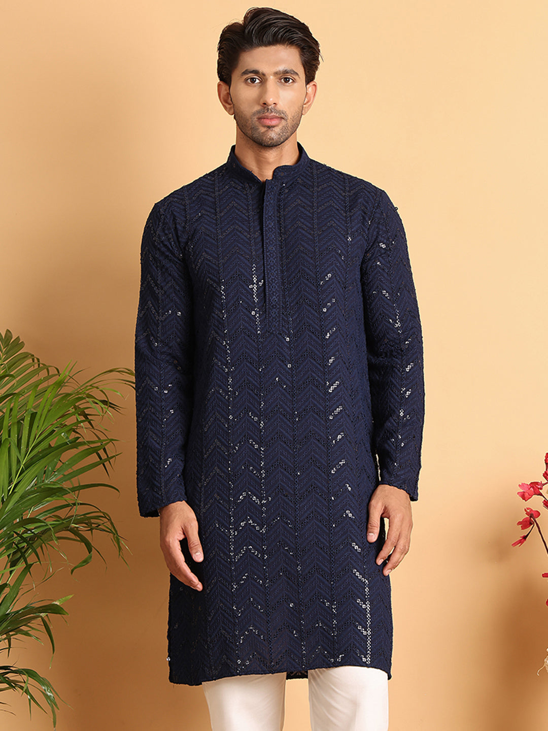 DesiQlo Men Embroidered Kurta Only - Blue - KO_5125Navy_S